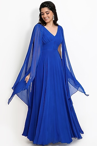 Cobalt Blue Georgette Pleated Gown by Sanjana Thakur