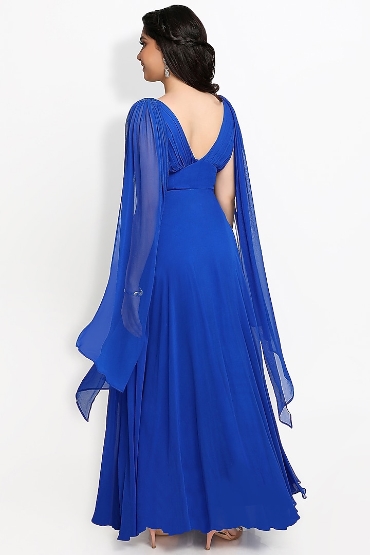 Cobalt Blue Georgette Pleated Gown by Sanjana Thakur at Pernia's Pop Up Shop