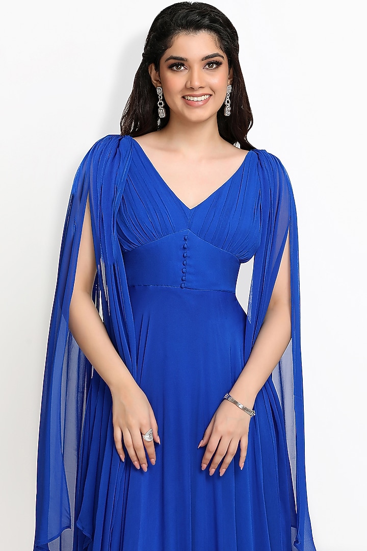 Cobalt Blue Georgette Pleated Gown by Sanjana Thakur at Pernia's Pop Up Shop