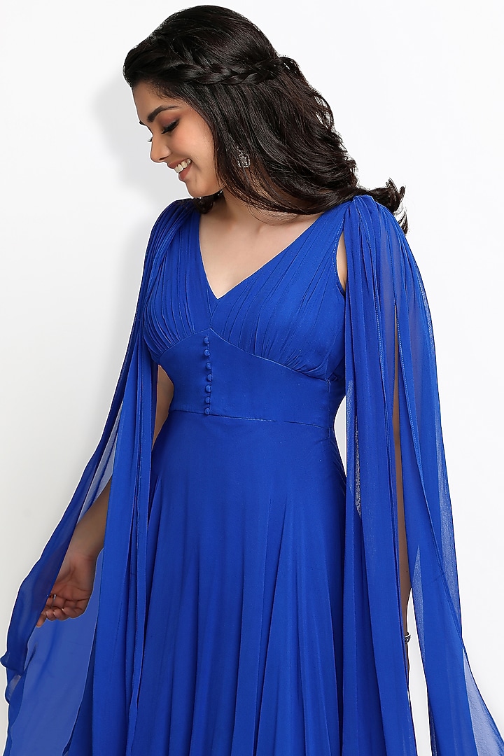 Cobalt Blue Georgette Pleated Gown by Sanjana Thakur at Pernia's Pop Up Shop