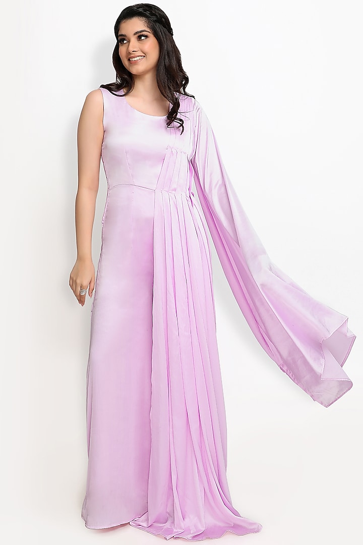 Lilac Viscose Satin Pleated Jumpsuit by Sanjana Thakur at Pernia's Pop Up Shop