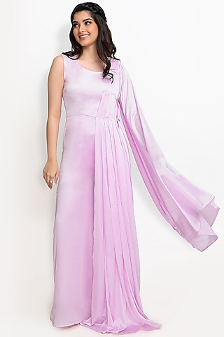 Lilac Viscose Satin Pleated Jumpsuit by Sanjana Thakur