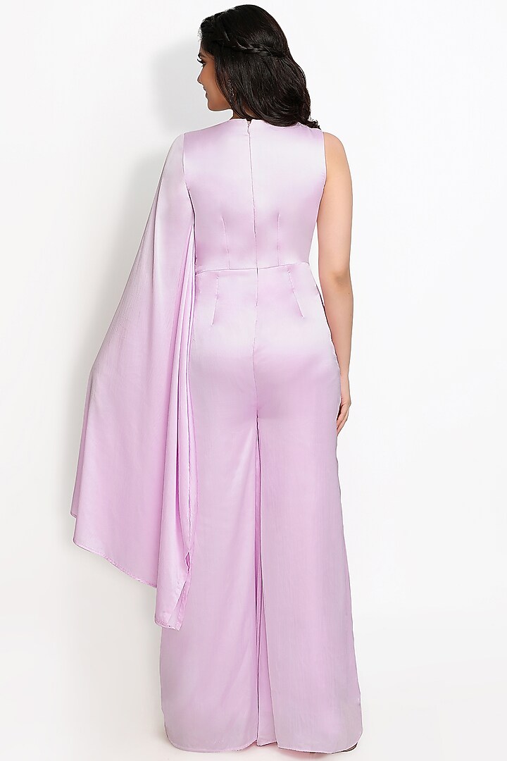 Lilac Viscose Satin Pleated Jumpsuit by Sanjana Thakur at Pernia's Pop Up Shop