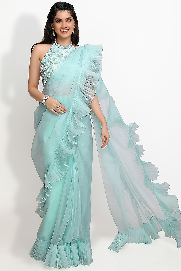 Powder Blue Viscose Organza Pre-Stitched Party Wear Saree Set by Sanjana Thakur at Pernia's Pop Up Shop