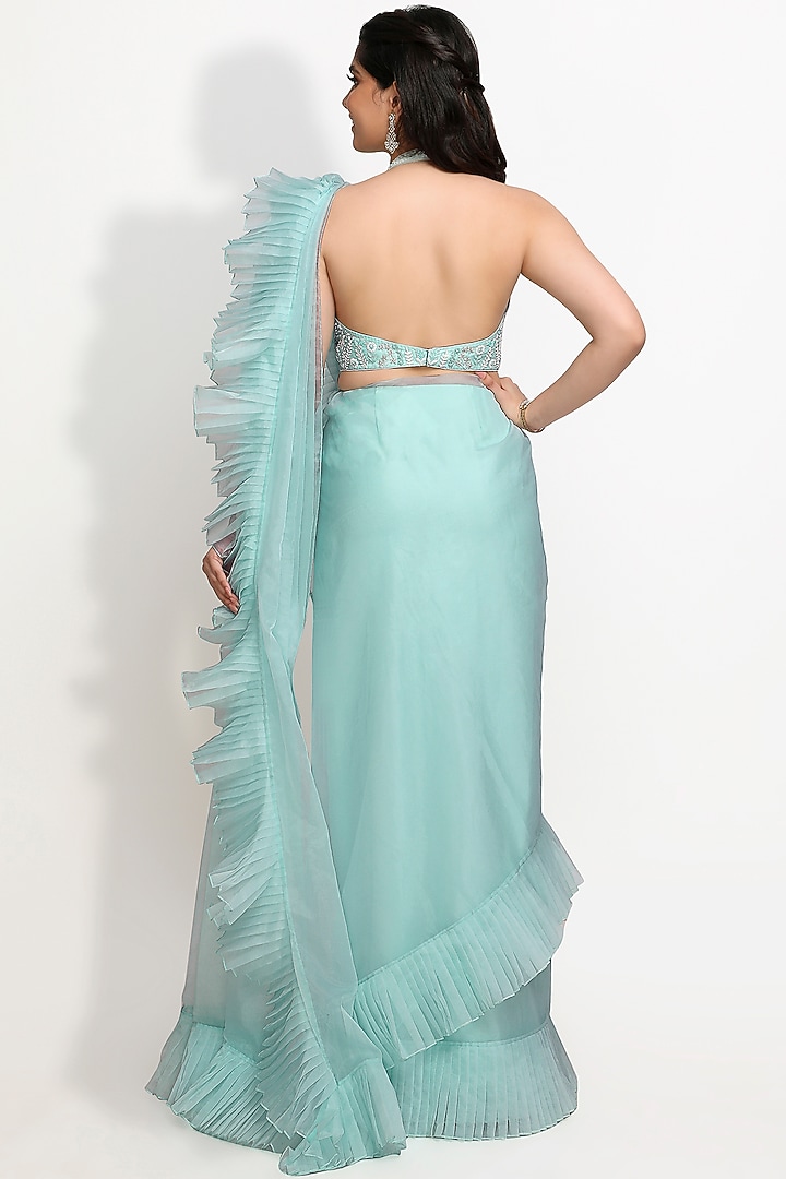 Powder Blue Viscose Organza Pre-Stitched Party Wear Saree Set by Sanjana Thakur at Pernia's Pop Up Shop