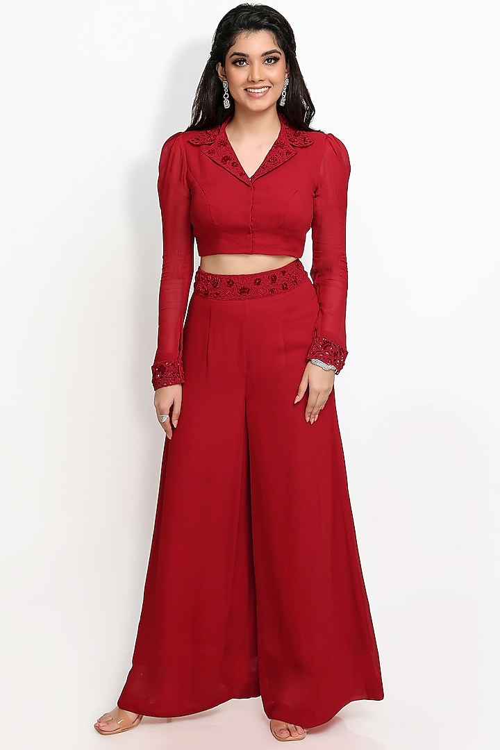 Red Georgette Palazzo Pant Set by Sanjana Thakur