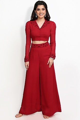 Red Georgette Palazzo Pant Set by Sanjana Thakur