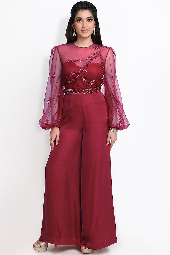 Wine Hand Embroidered Corseted-Jumpsuit With Cape by Sanjana Thakur