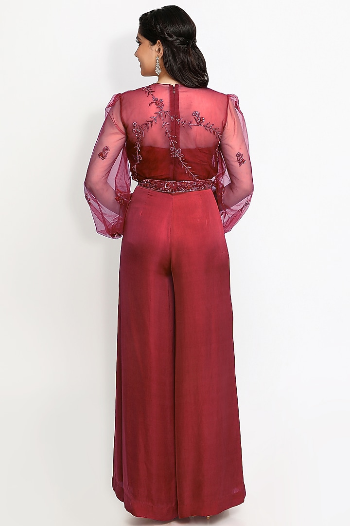 Wine Hand Embroidered Corseted-Jumpsuit With Cape by Sanjana Thakur at Pernia's Pop Up Shop
