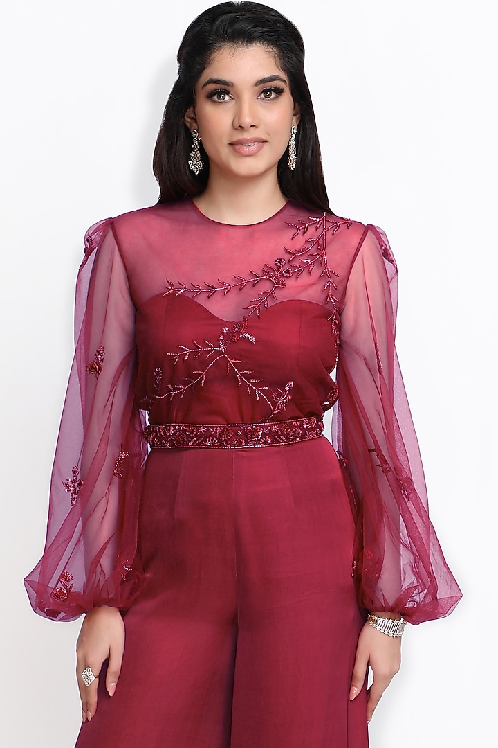 Wine Hand Embroidered Corseted-Jumpsuit With Cape by Sanjana Thakur at Pernia's Pop Up Shop