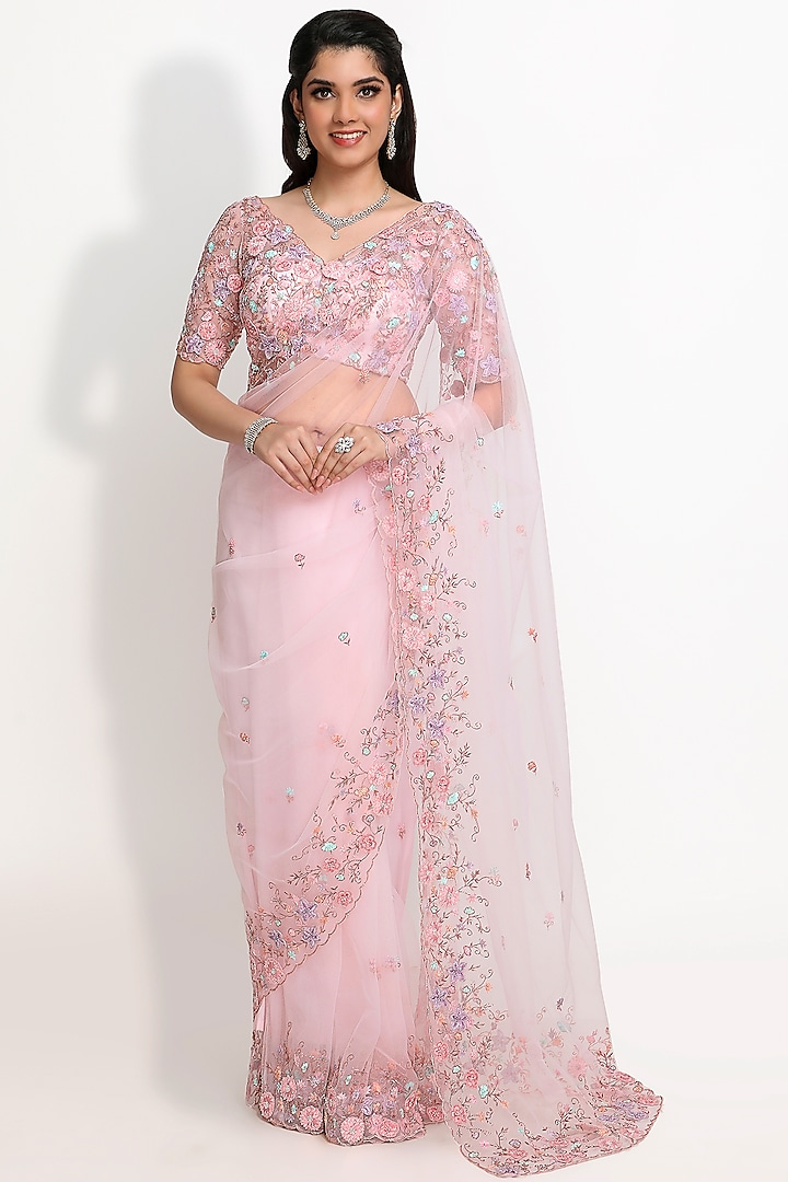 Blush Pink Hand Embroidered Saree Set by Sanjana Thakur