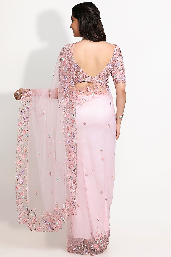 Blush Pink Hand Embroidered Reception Saree Set by Sanjana Thakur at Pernia's Pop Up Shop