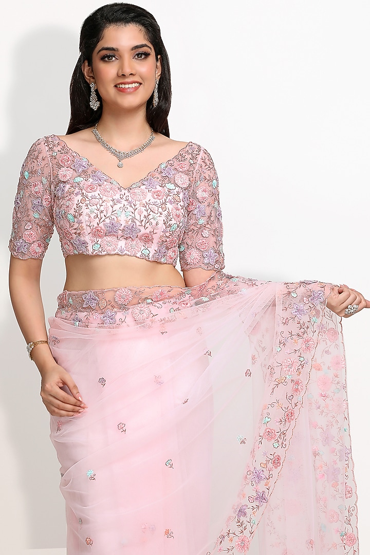 Blush Pink Hand Embroidered Reception Saree Set by Sanjana Thakur at Pernia's Pop Up Shop