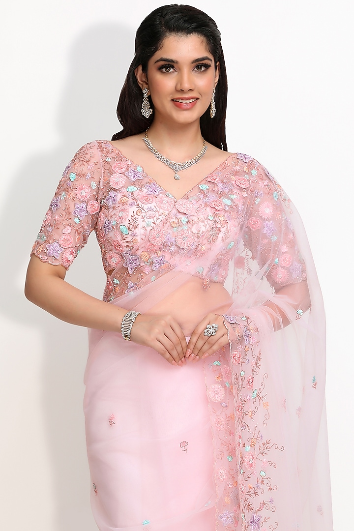 Blush Pink Hand Embroidered Reception Saree Set by Sanjana Thakur at Pernia's Pop Up Shop