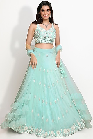 Ice Blue Hand Embroidered Lehenga Set by Sanjana Thakur