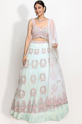 Ice Blue Cutdana Hand Embroidered Lehenga Set by Sanjana Thakur