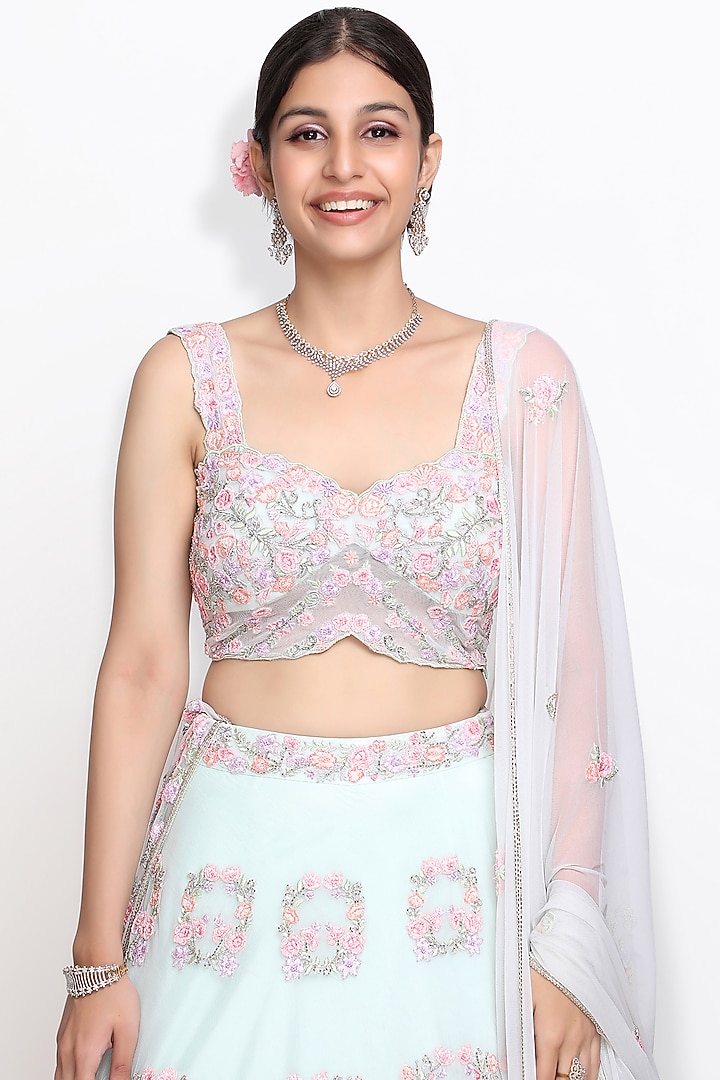 Ice Blue Cutdana Hand Embroidered Bridal Lehenga Set by Sanjana Thakur at Pernia's Pop Up Shop