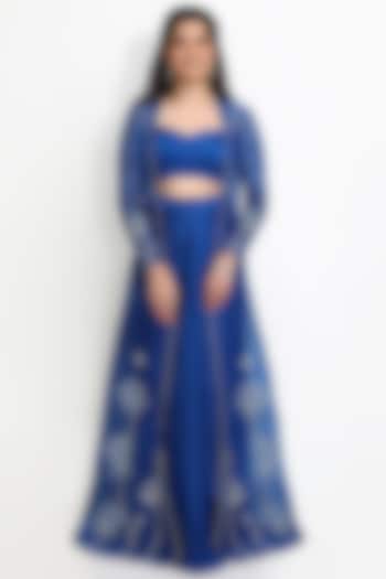 Cobalt Blue Bemberg Satin Draped Skirt With Jacket by Sanjana Thakur