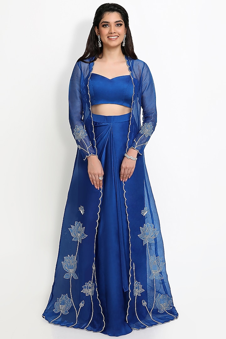 Cobalt Blue Bemberg Satin Draped Skirt With Jacket by Sanjana Thakur