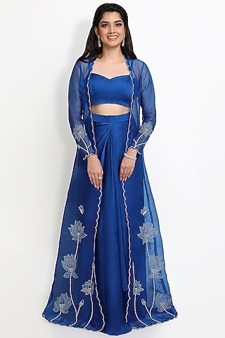 Cobalt Blue Bemberg Satin Draped Skirt With Jacket by Sanjana Thakur