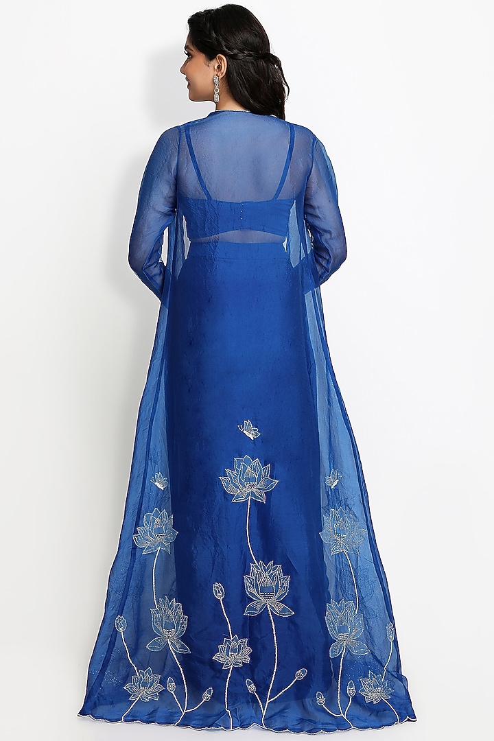 Cobalt Blue Bemberg Satin Draped Skirt With Jacket by Sanjana Thakur at Pernia's Pop Up Shop