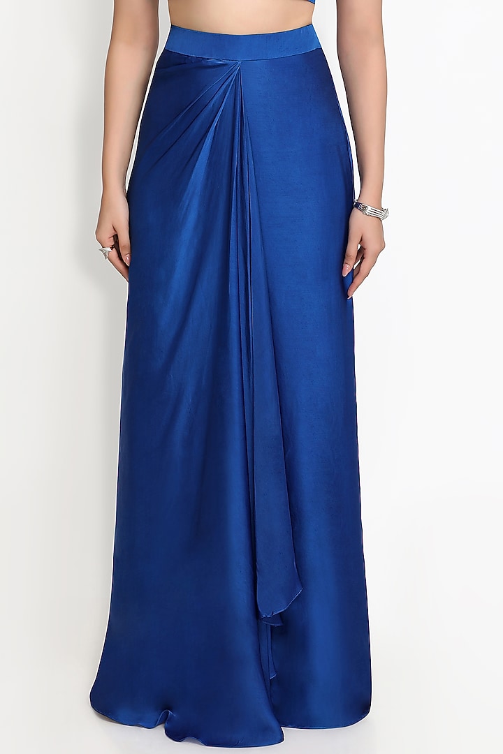Cobalt Blue Bemberg Satin Draped Skirt With Jacket by Sanjana Thakur at Pernia's Pop Up Shop
