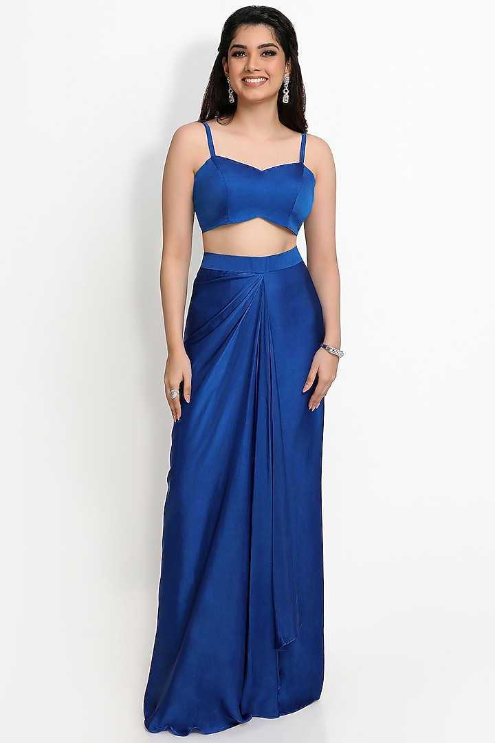 Cobalt Blue Bemberg Satin Draped Skirt With Jacket by Sanjana Thakur at Pernia's Pop Up Shop