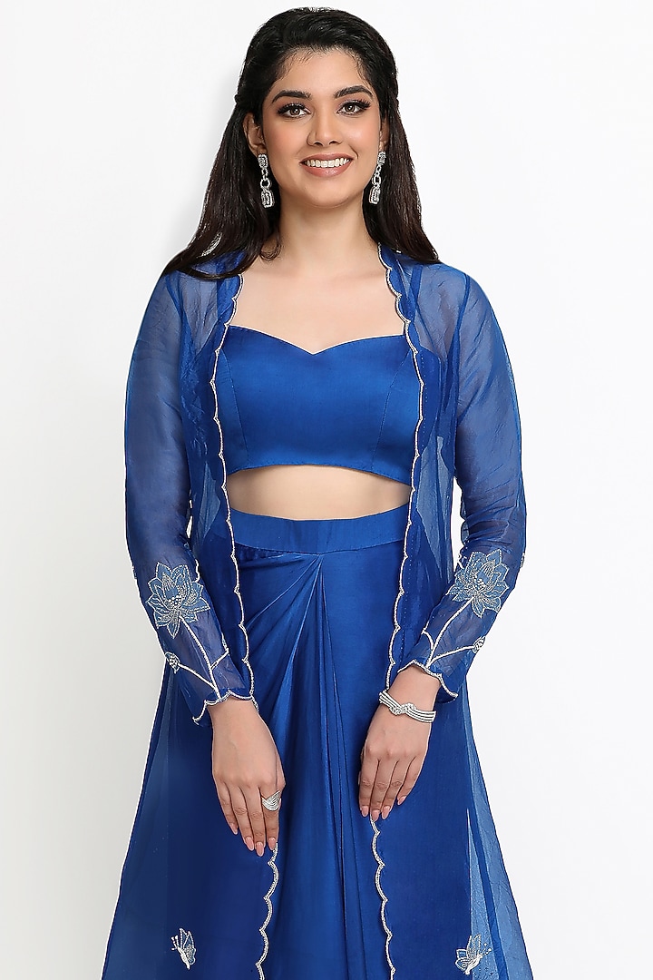 Cobalt Blue Bemberg Satin Draped Skirt With Jacket by Sanjana Thakur at Pernia's Pop Up Shop