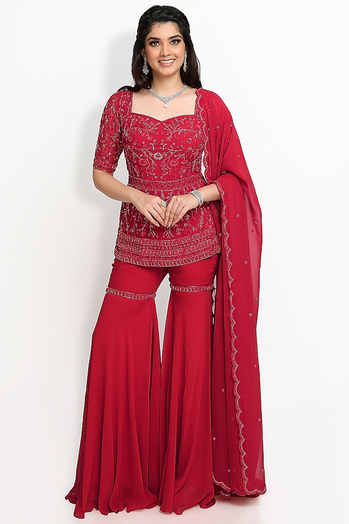 Red Pure Georgette Sharara Set by Sanjana Thakur