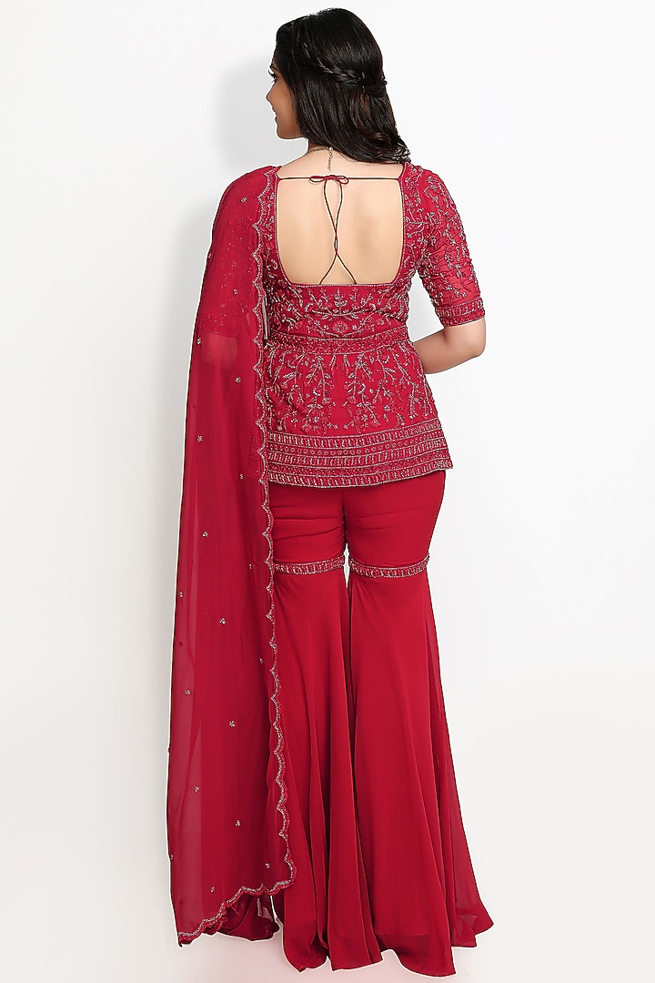 Red Pure Georgette Wedding Sharara Set by Sanjana Thakur at Pernia's Pop Up Shop