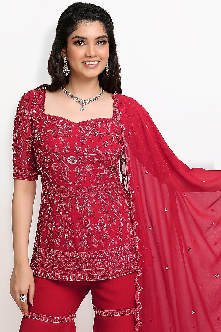 Red Pure Georgette Wedding Sharara Set by Sanjana Thakur at Pernia's Pop Up Shop