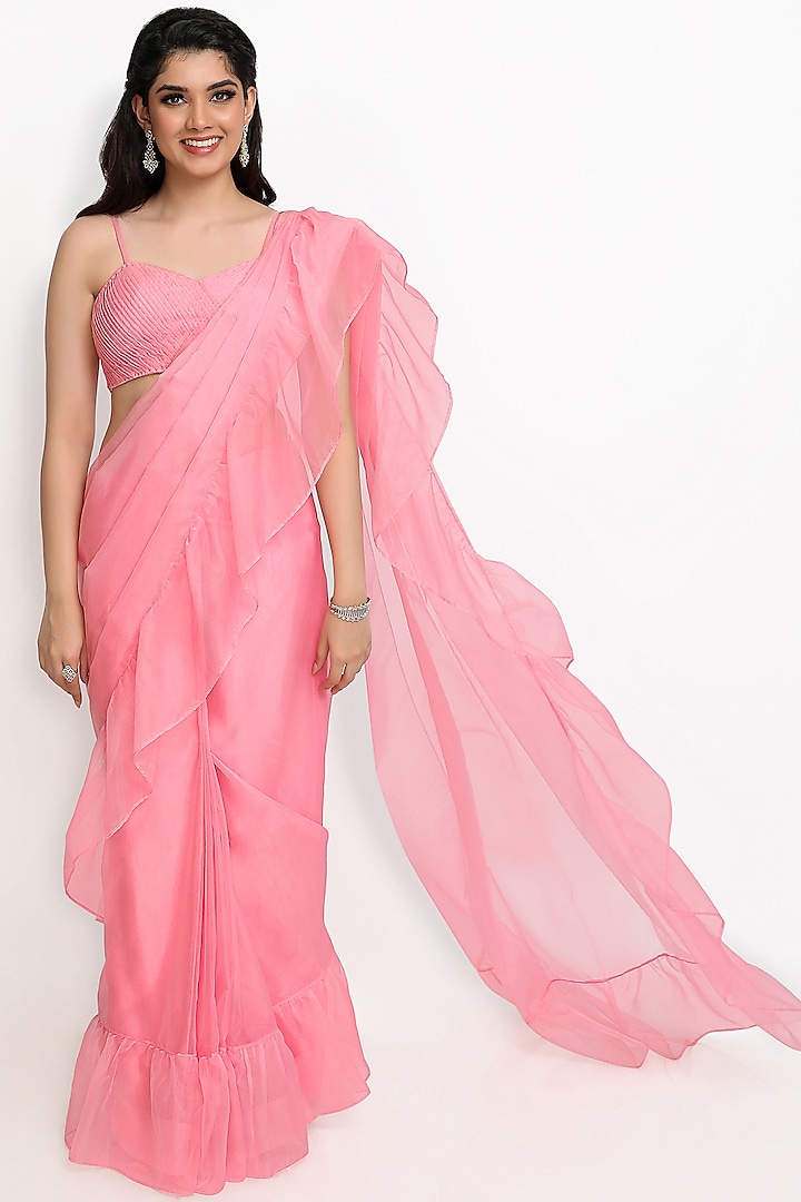 Rose Pink Viscose Organza Pre-Stitched Saree Set by Sanjana Thakur