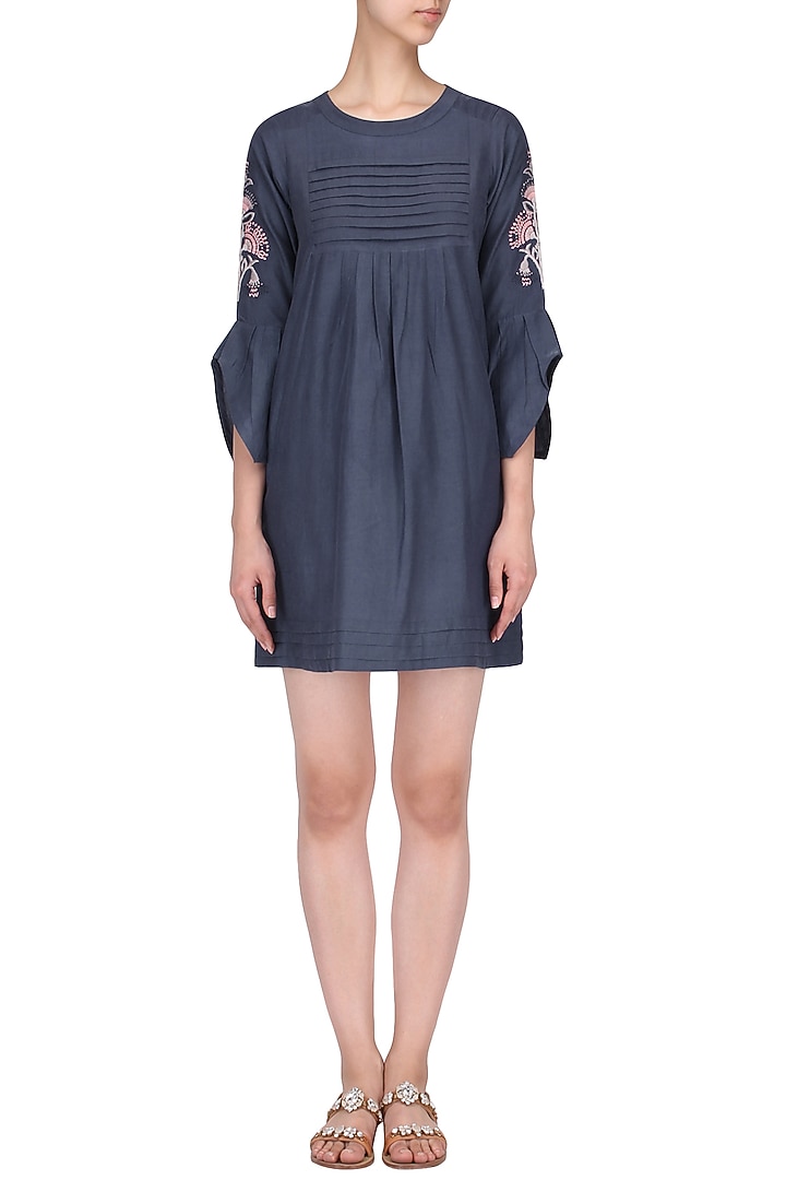 Navy embroidered petal sleeves Dress available only at Pernia's Pop Up Shop.