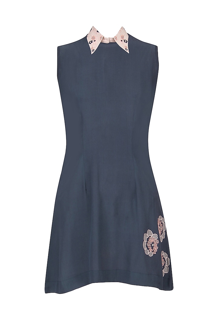Navy short dress with embroidered detachable collar by Sejal Jain