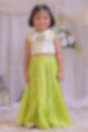 Green Roman Silk Bandhej Embroidered Palazzo Pant Set For Girls by Li'l Angels at Pernia's Pop Up Shop