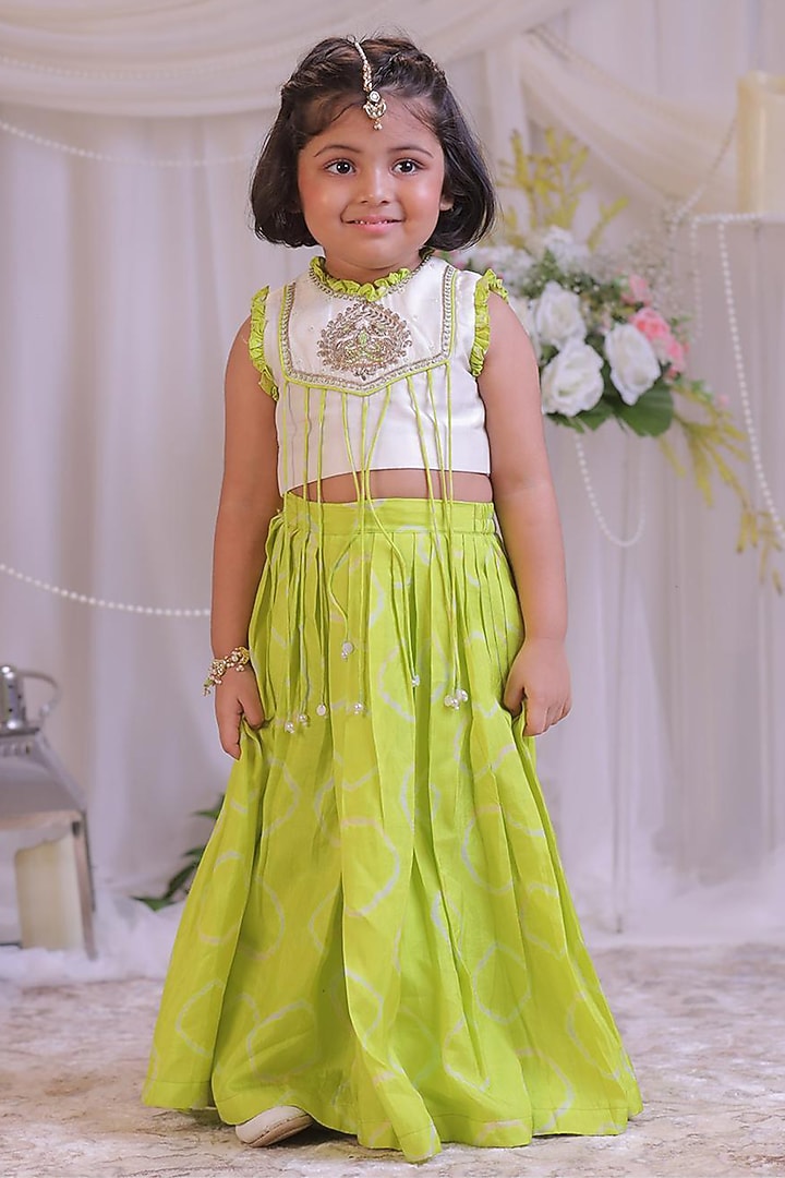 Green Roman Silk Bandhej Embroidered Palazzo Pant Set For Girls by Li'l Angels at Pernia's Pop Up Shop