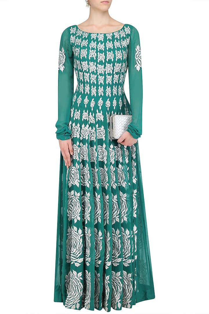 Ferozi green resham embroidered floor length anarkali available only at Pernia's Pop Up Shop.