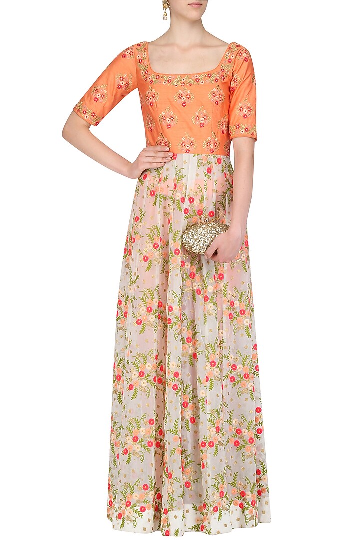 Burnt orange and white resham embroidered anarkali with pants available only at Pernia's Pop Up Shop.