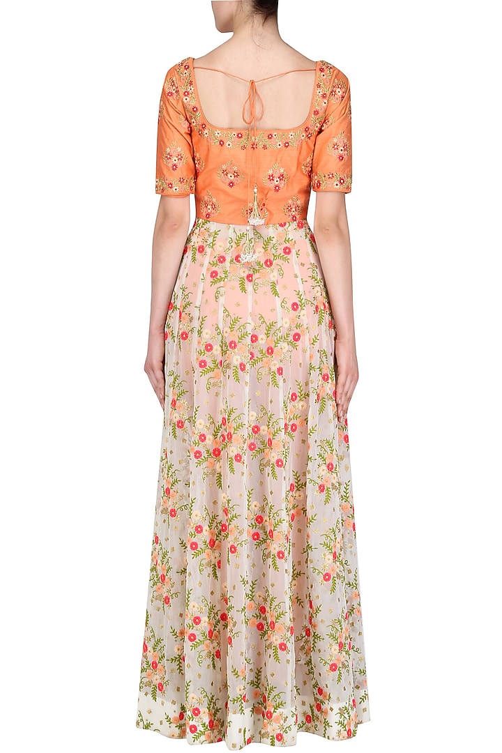 Burnt orange and white resham embroidered anarkali with pants available only at Pernia's Pop Up Shop.