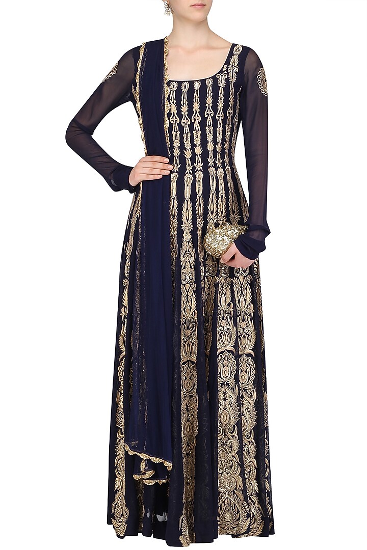 Navy blue zardozi embroidered anarkali set available only at Pernia's Pop Up Shop.