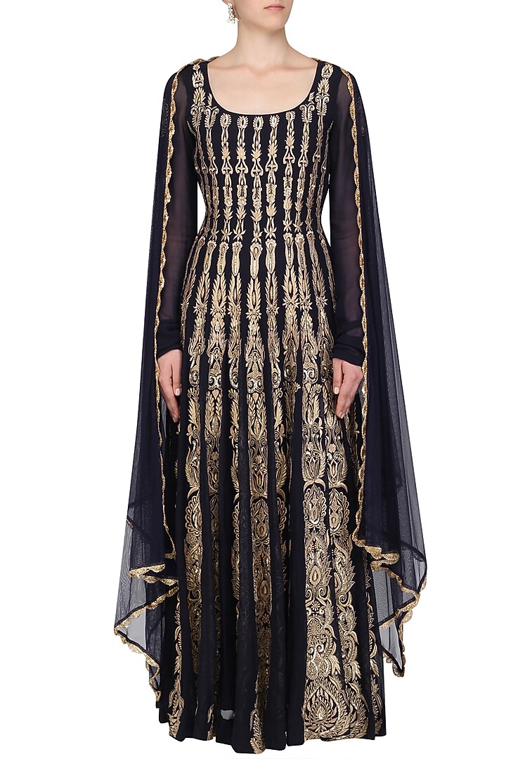 Navy blue zardozi embroidered anarkali set available only at Pernia's Pop Up Shop.