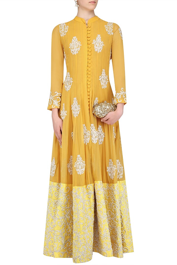 Mustard yellow embroidered anarkali and pants set available only at Pernia's Pop Up Shop.