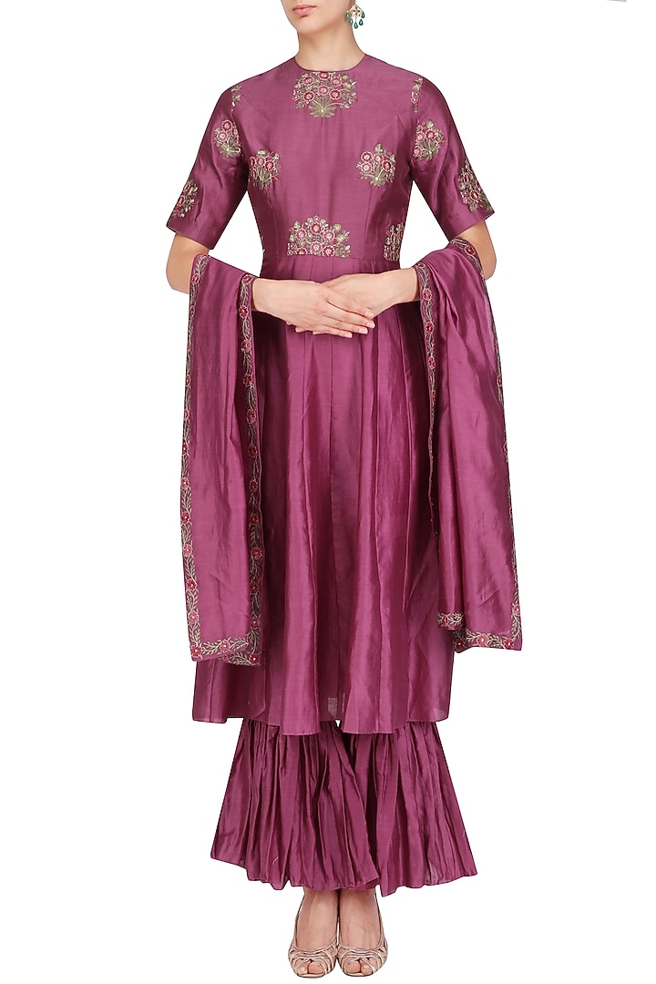 Dark gajri resham embroidered anarkali setavailable only at Pernia's Pop Up Shop.