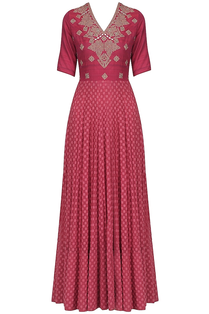 Dark Pink Zardozi Embroidered Gown by Jhunjhunwala