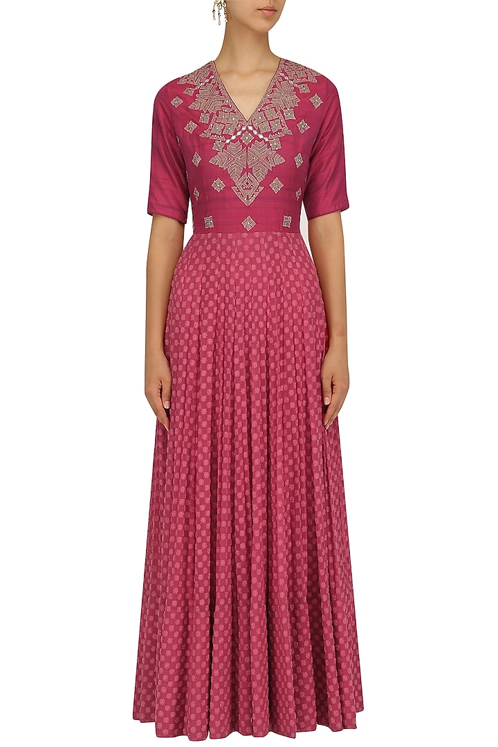 Dark pink zardozi embroidered gown available only at Pernia's Pop Up Shop.