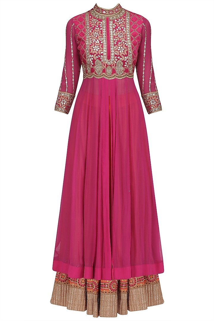 Bright Pink Gota Patti Embroidered Anarkali and Lehenga Set by Jhunjhunwala