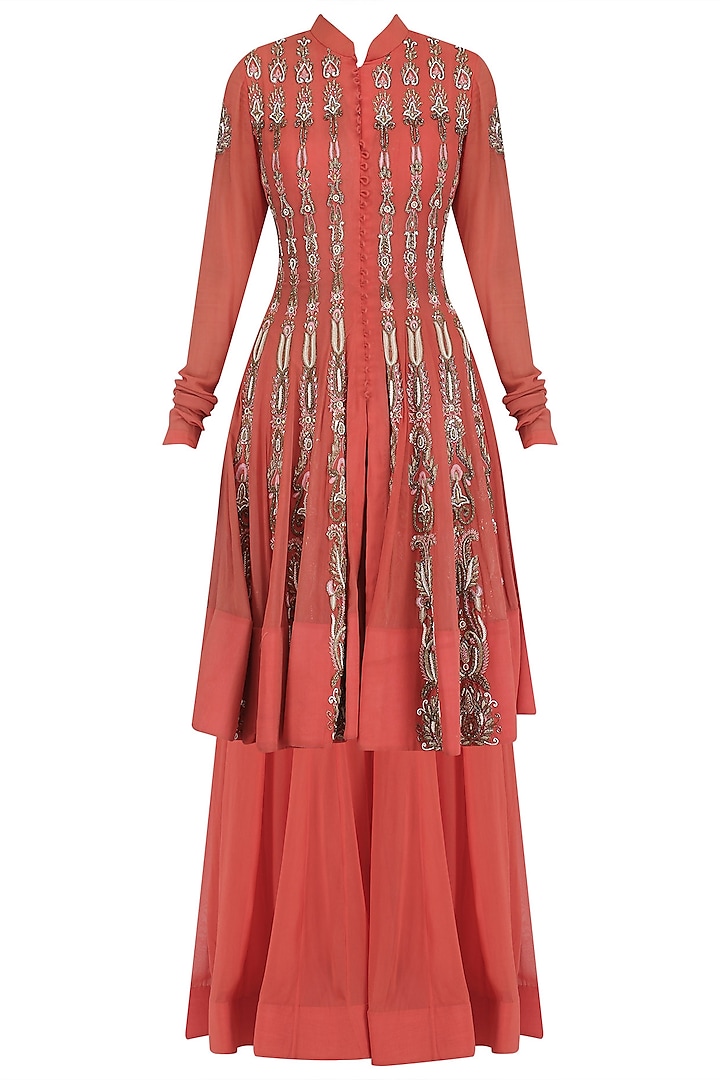 Burnt Orange Embroidered Jacket Style Anarkali and Palazzo Pants Set by Jhunjhunwala