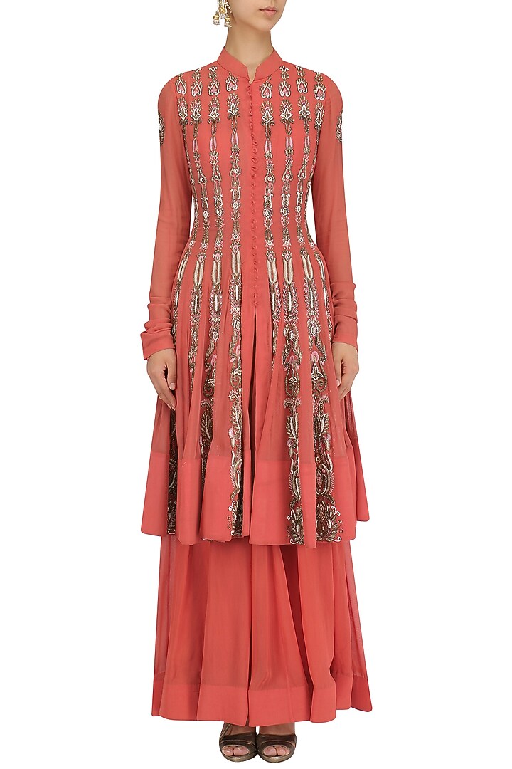 Burnt orange embroidered jacket style anarkali and palazzo pants set available only at Pernia's Pop Up Shop.