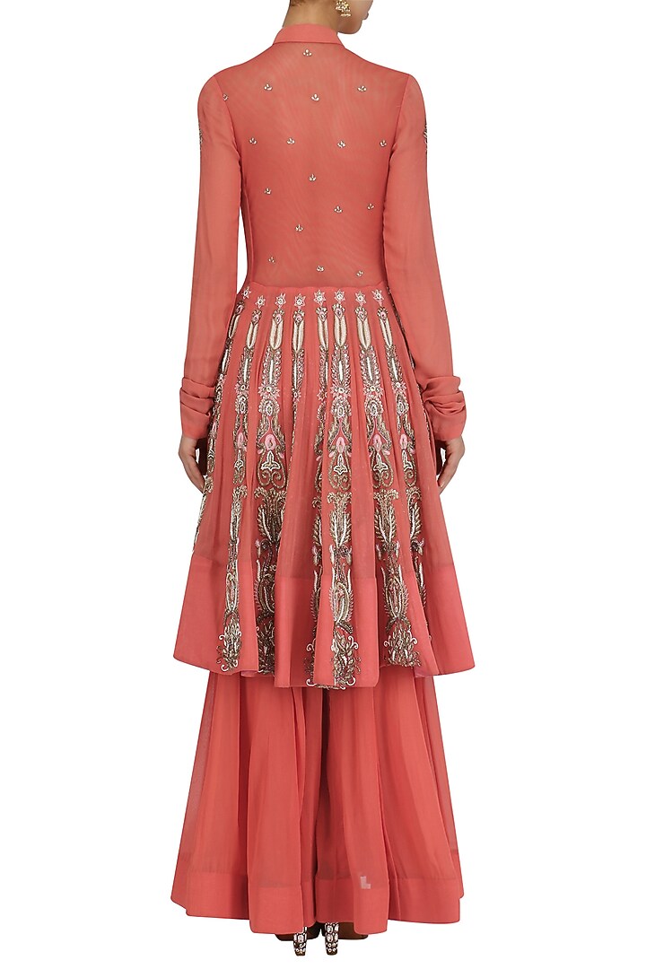 Burnt orange embroidered jacket style anarkali and palazzo pants set available only at Pernia's Pop Up Shop.
