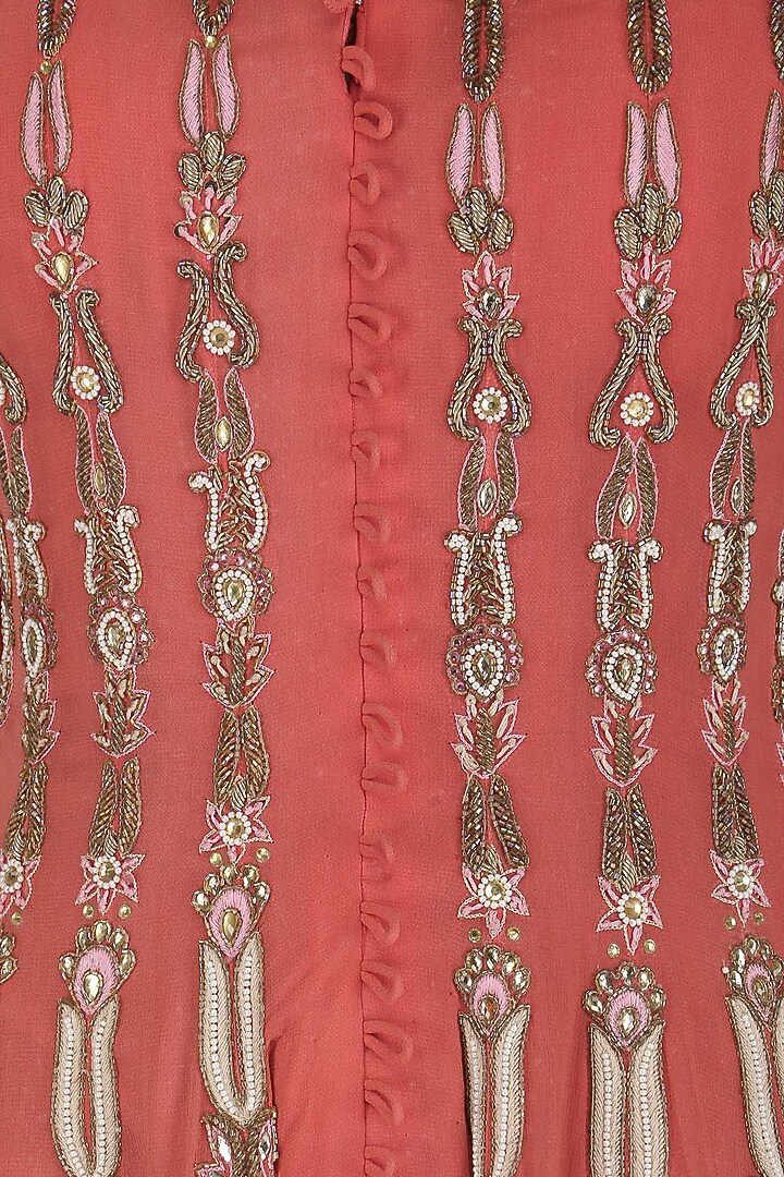Burnt orange embroidered jacket style anarkali and palazzo pants set available only at Pernia's Pop Up Shop.